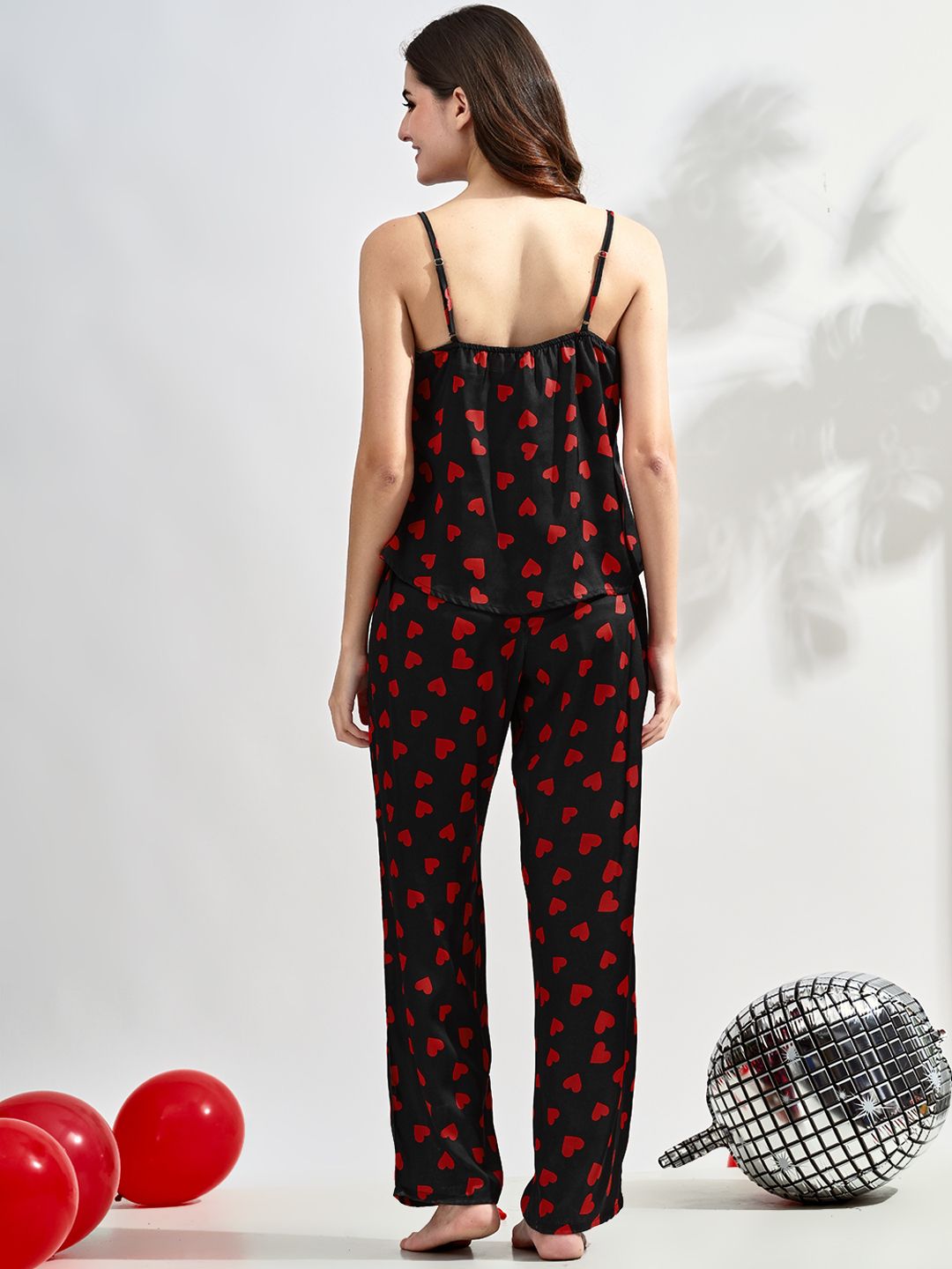 Women's Black Satin Pajama Set with Heart Print