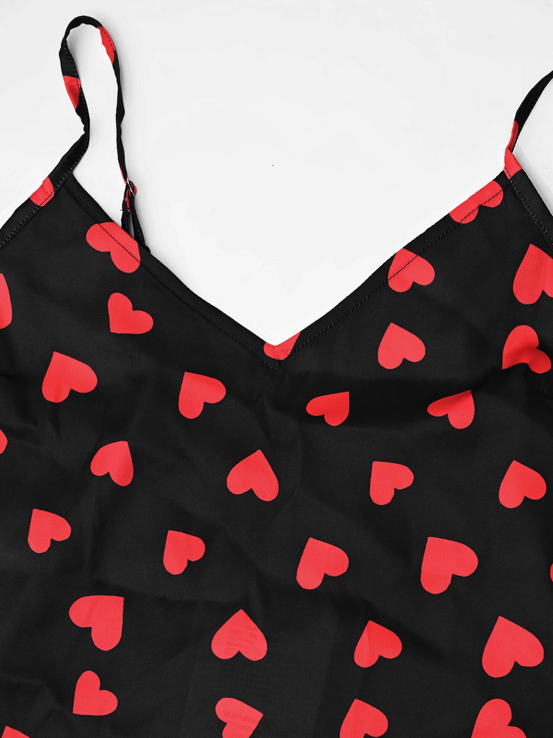 Women's Black Satin Pajama Set with Heart Print