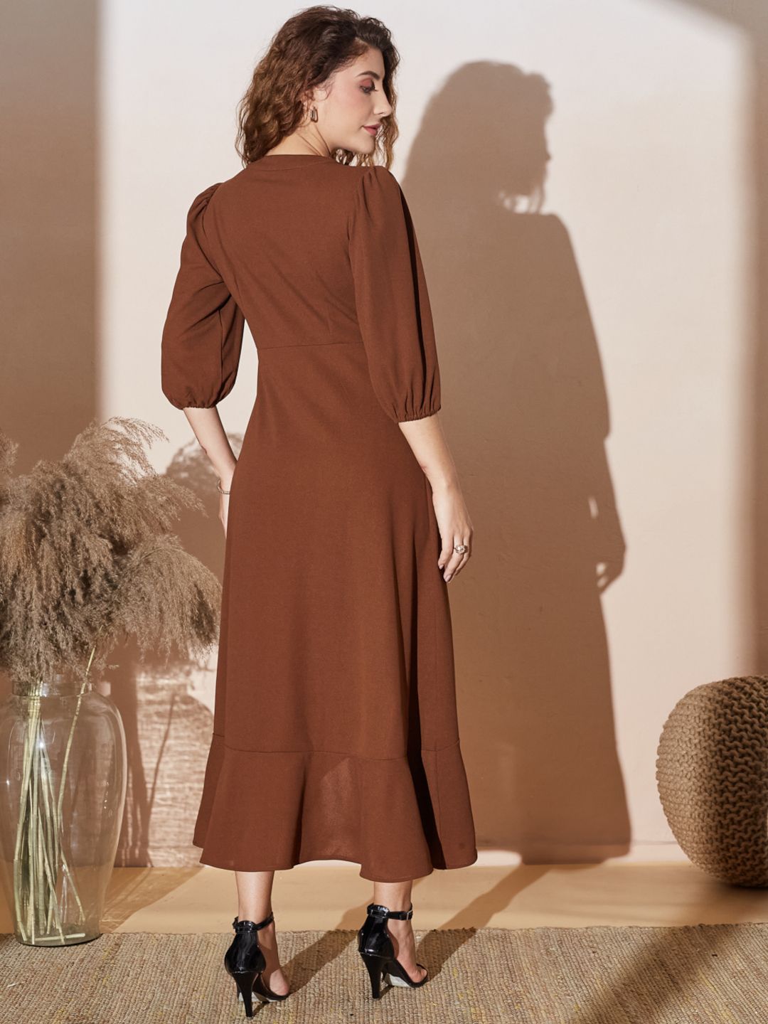 Classic Brown Layered Frill Midi Dress with Hi-Low Hemline