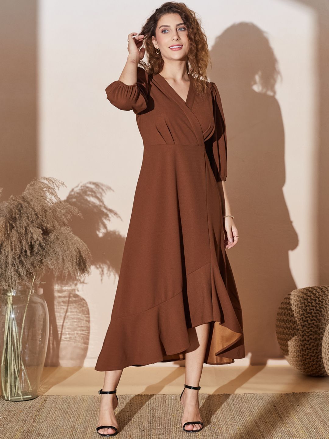 Classic Brown Layered Frill Midi Dress with Hi-Low Hemline
