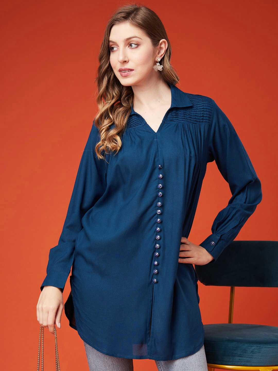 Women's Rayon Tunic with Collared Neck and Front Slit