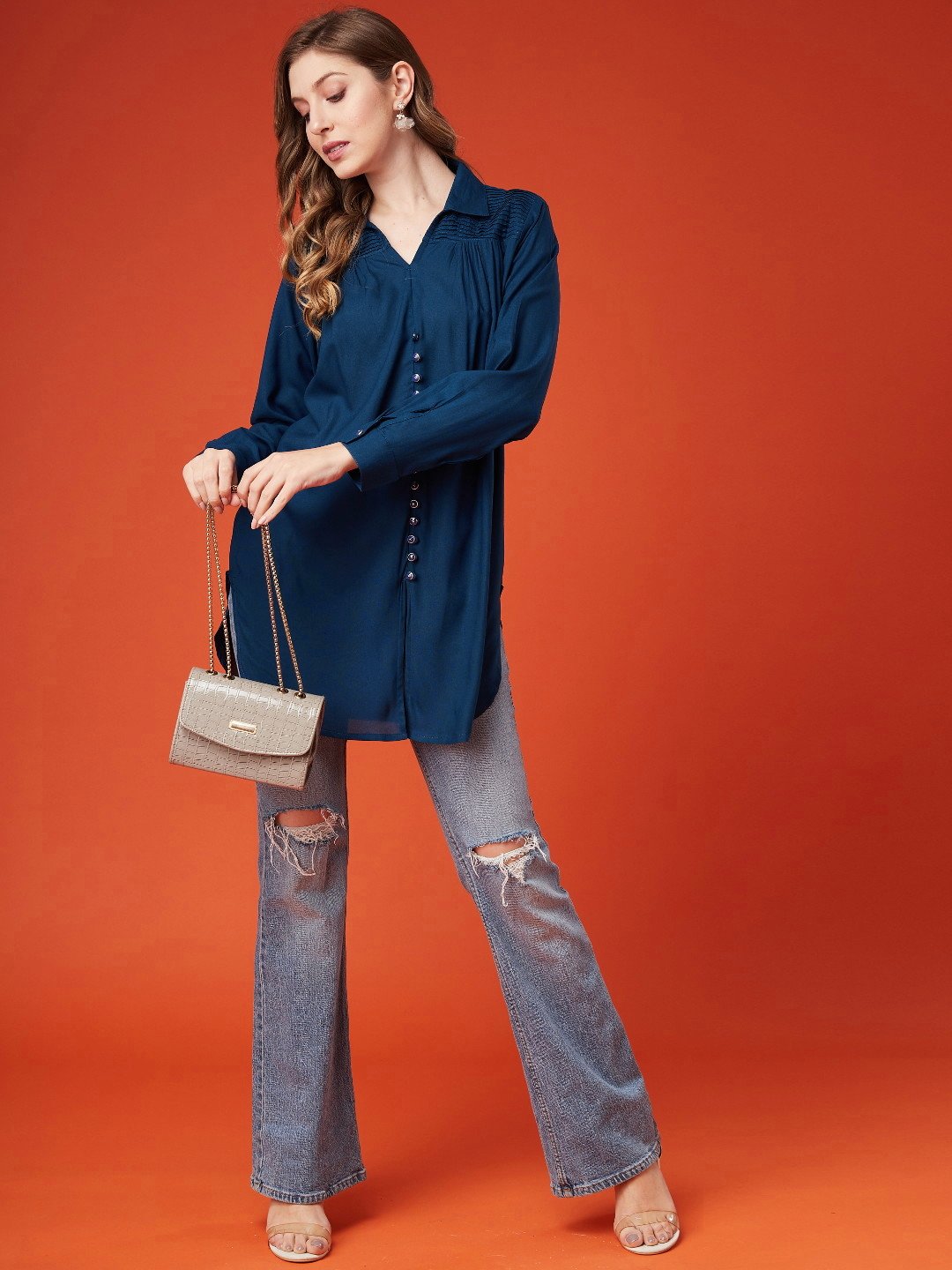 Women's Rayon Tunic with Collared Neck and Front Slit