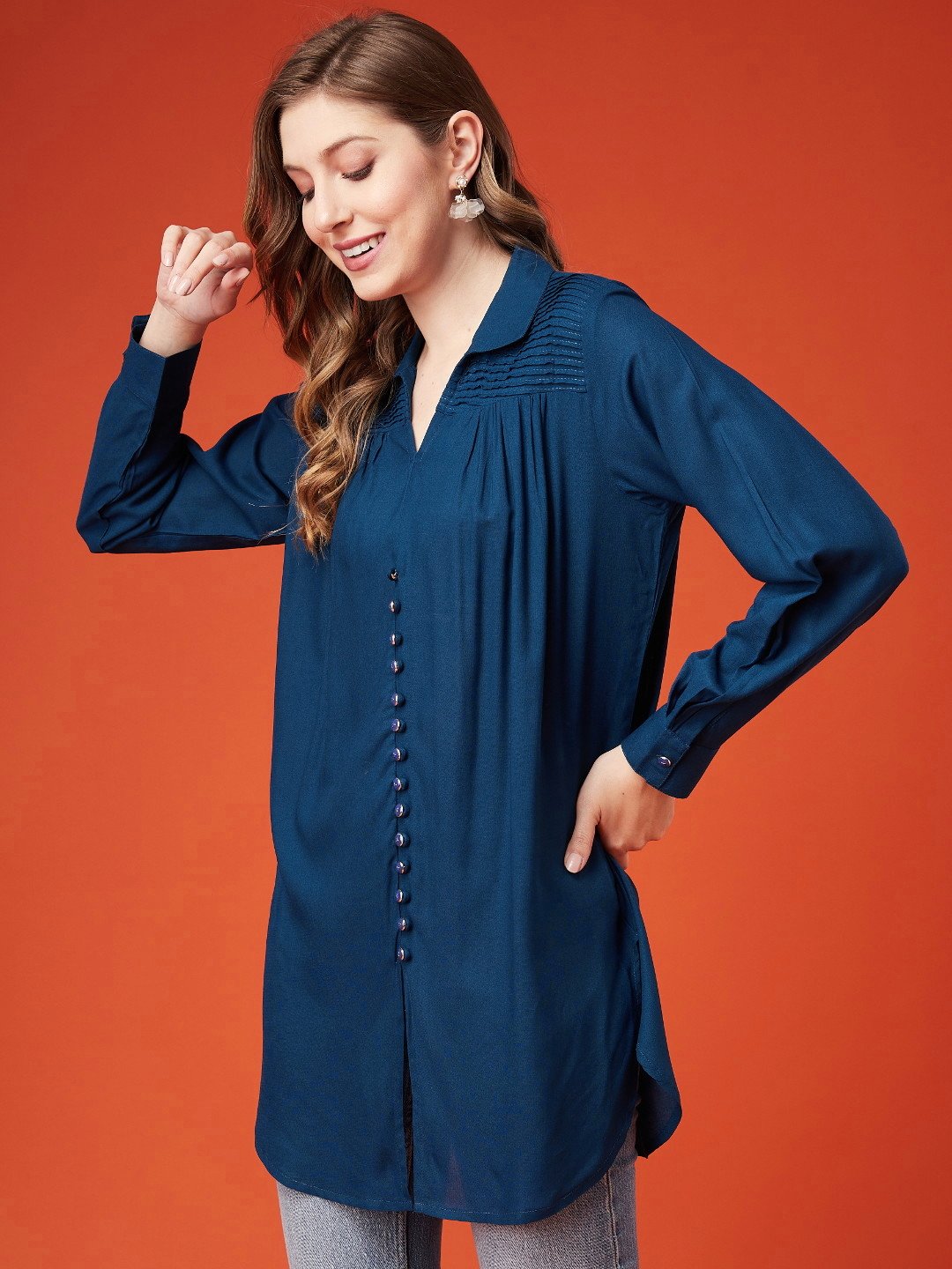 Women's Rayon Tunic with Collared Neck and Front Slit