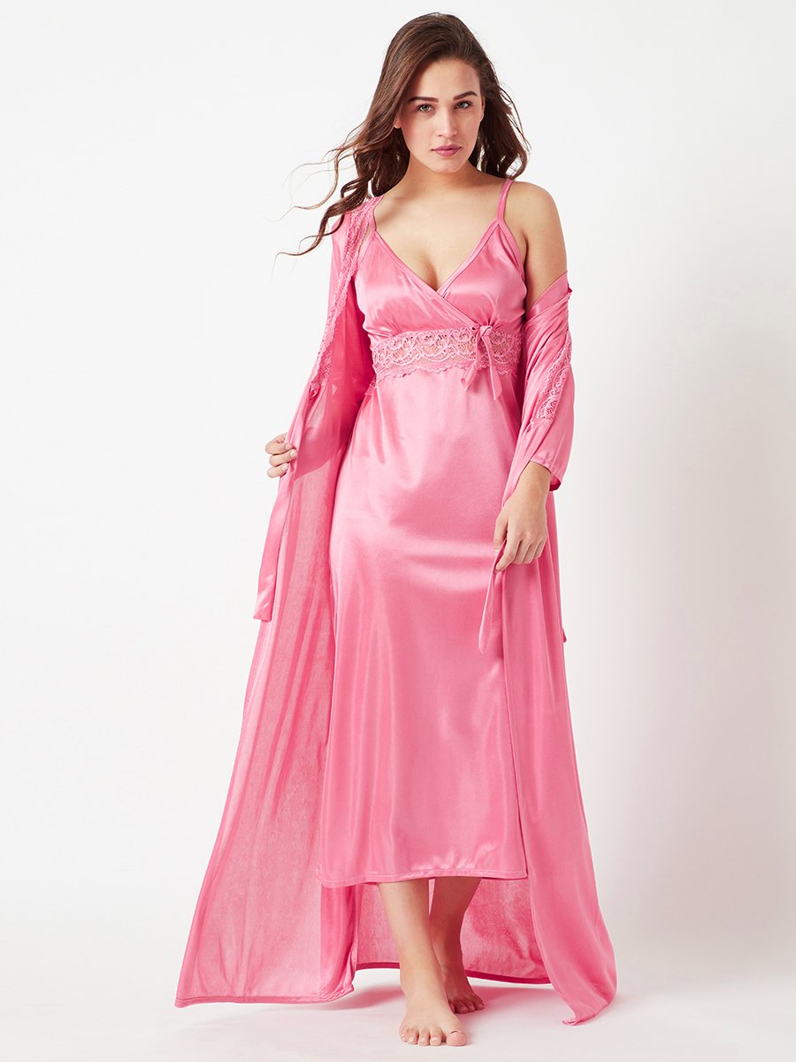 Comfortable Pink Nightdress Set with Robe