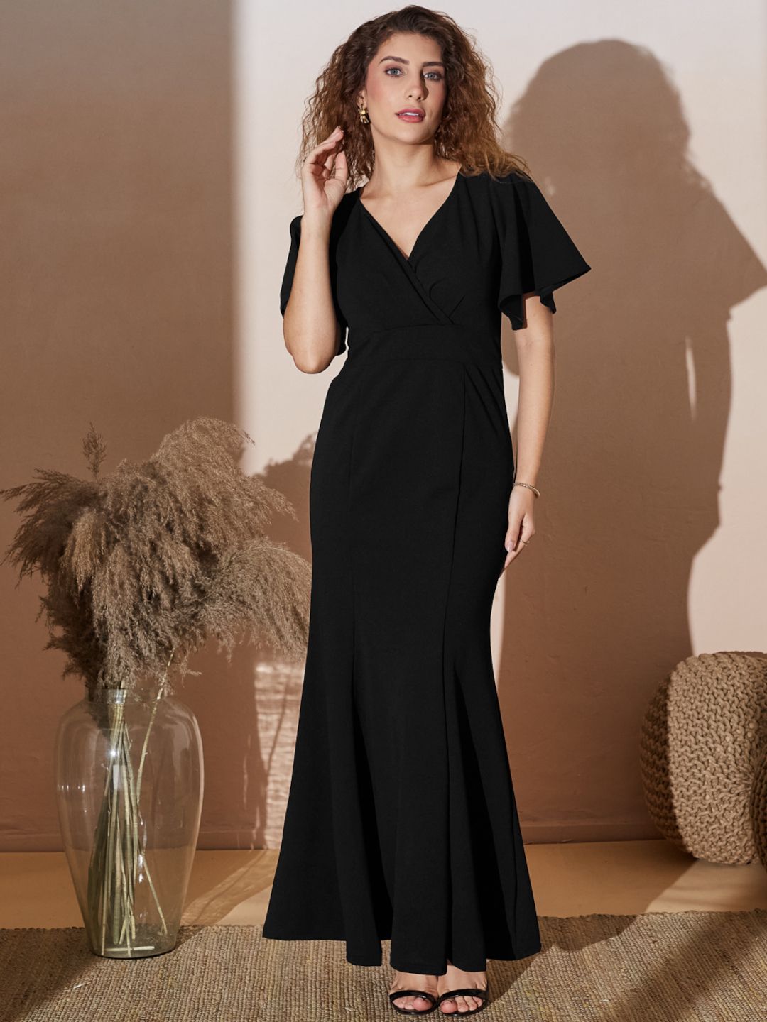 Front Wrap Maxi Gown with Flared Sleeves