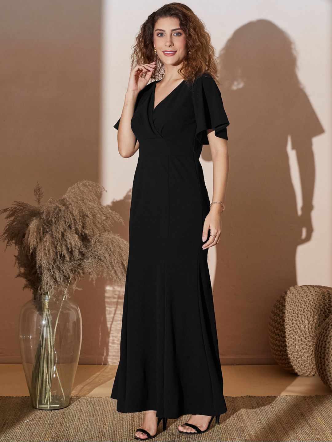 Front Wrap Maxi Gown with Flared Sleeves