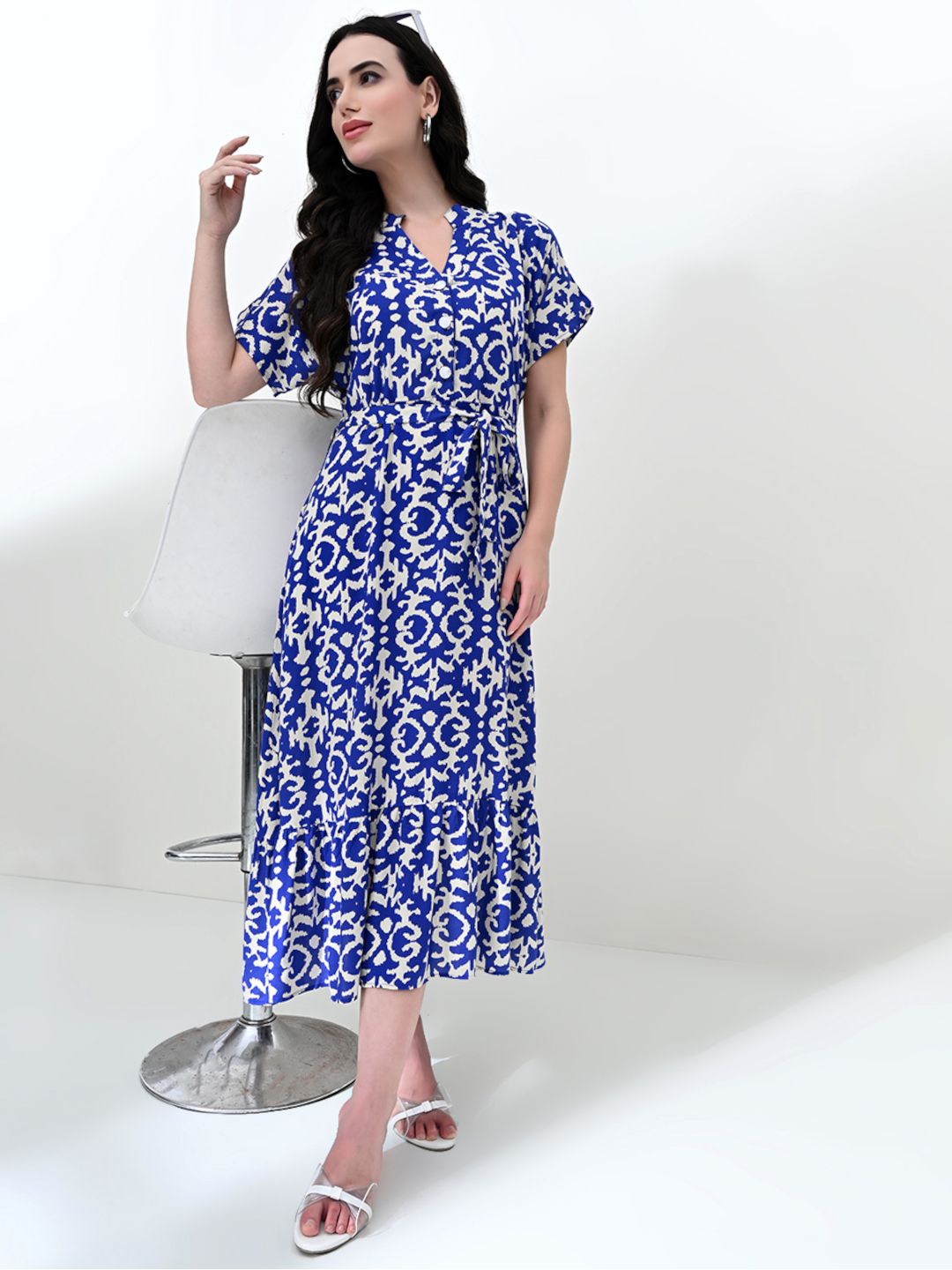 Elegant Ikkat Damask Pattern A-Line Day Dress