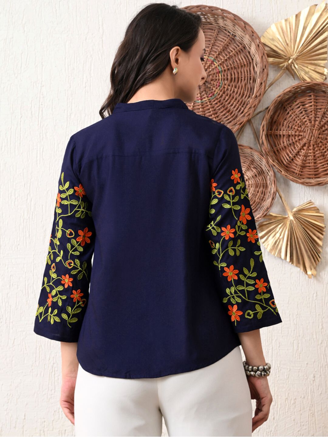 Women's Tunic with Mandarin Collar and Floral Embroidery