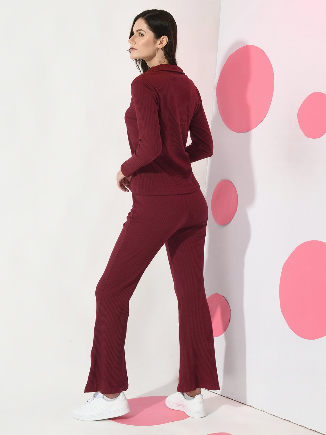 Maroon Ribbed Collar Co-ord Set with Full Sleeves Top & Trousers