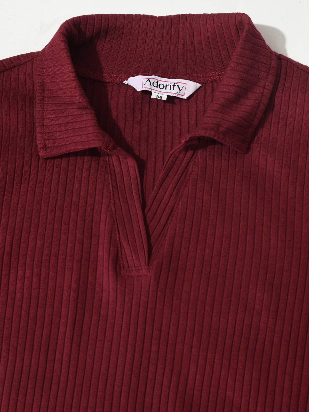 Maroon Ribbed Collar Co-ord Set with Full Sleeves Top & Trousers