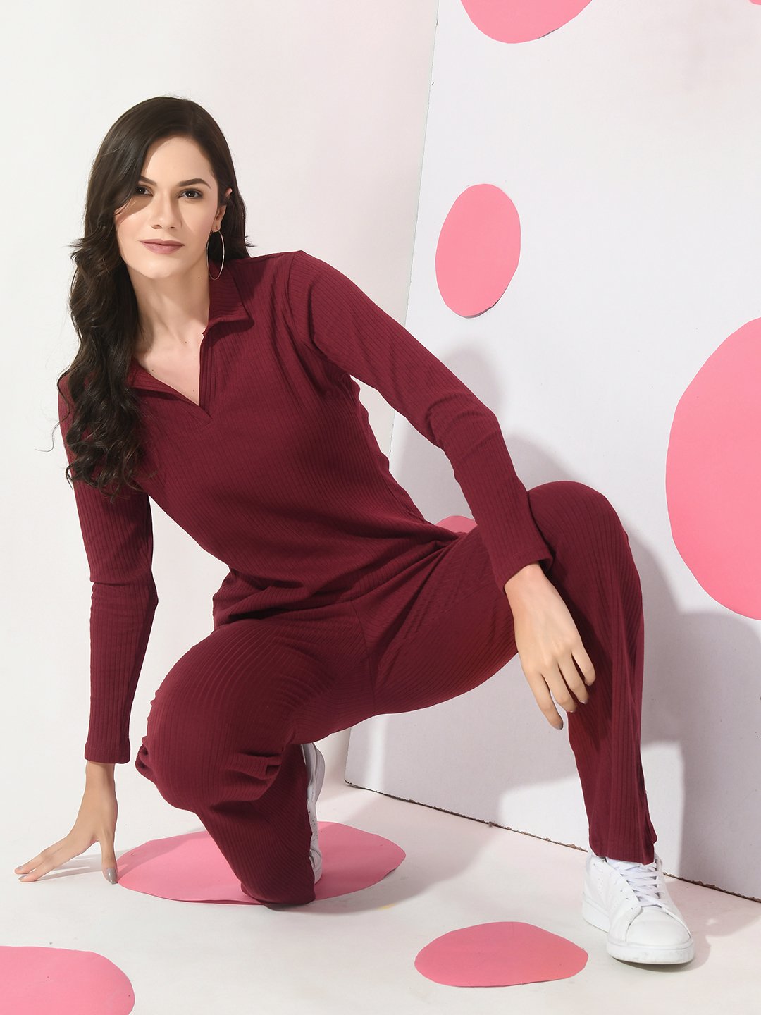 Maroon Ribbed Collar Co-ord Set with Full Sleeves Top & Trousers