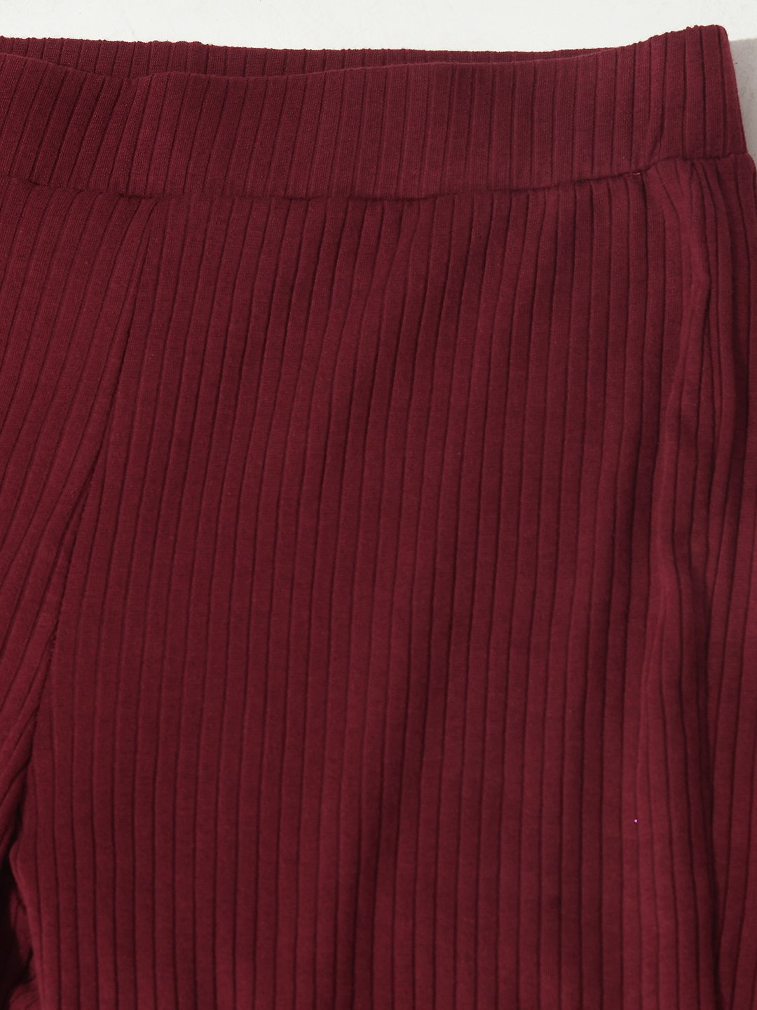 Maroon Ribbed Collar Co-ord Set with Full Sleeves Top & Trousers