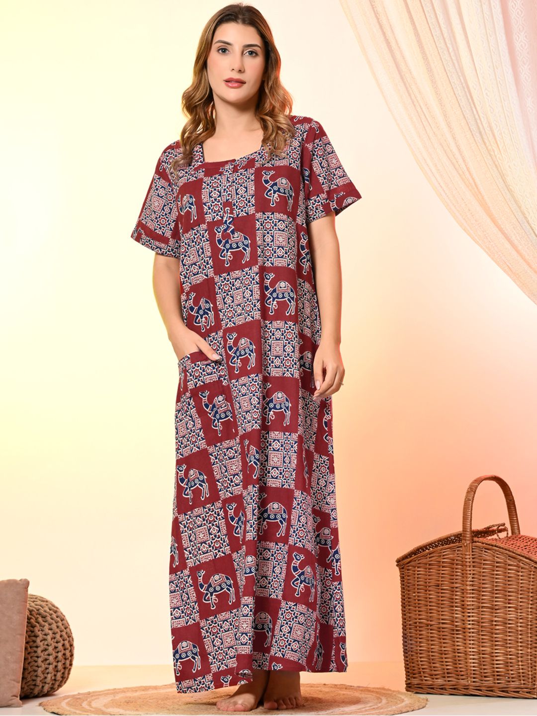 Women's Cotton A-Line Nighty with Patch Print