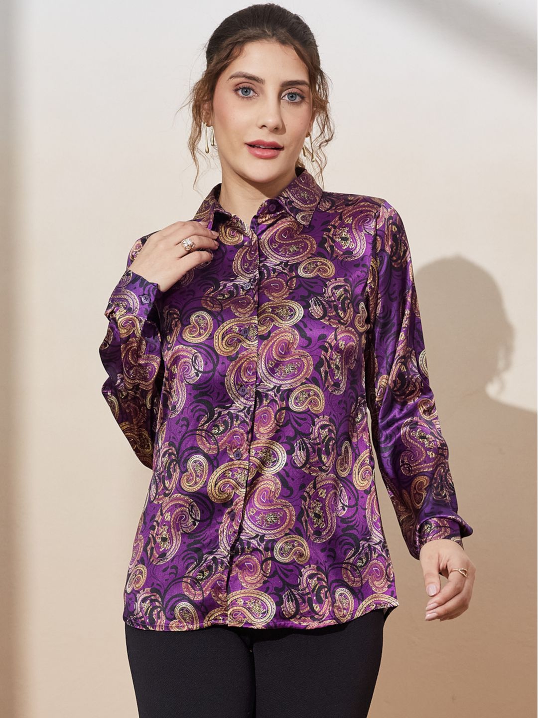 Chic Satin Shirt with Printed Design
