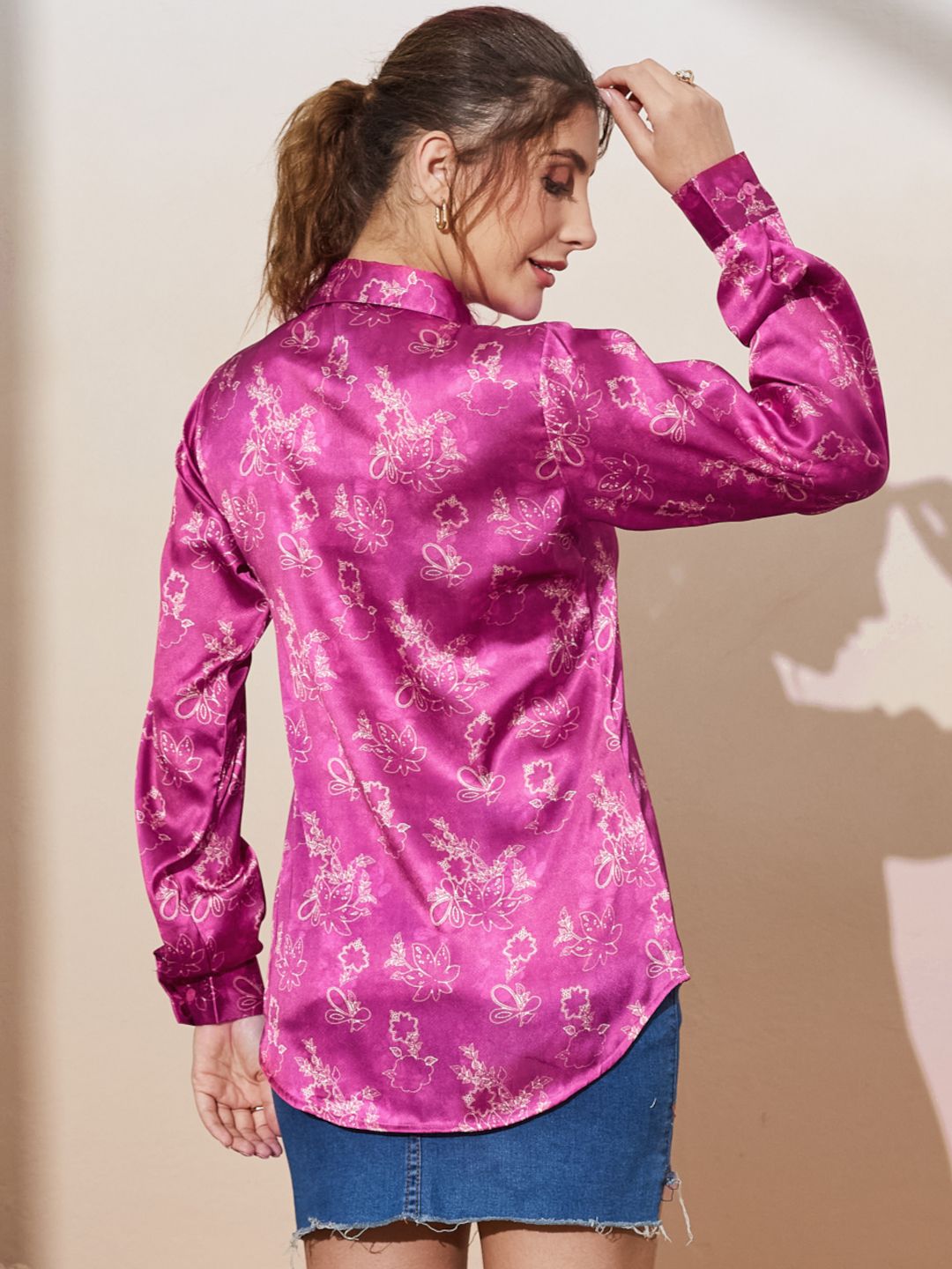 Women's Printed Satin Button-Down Shirt