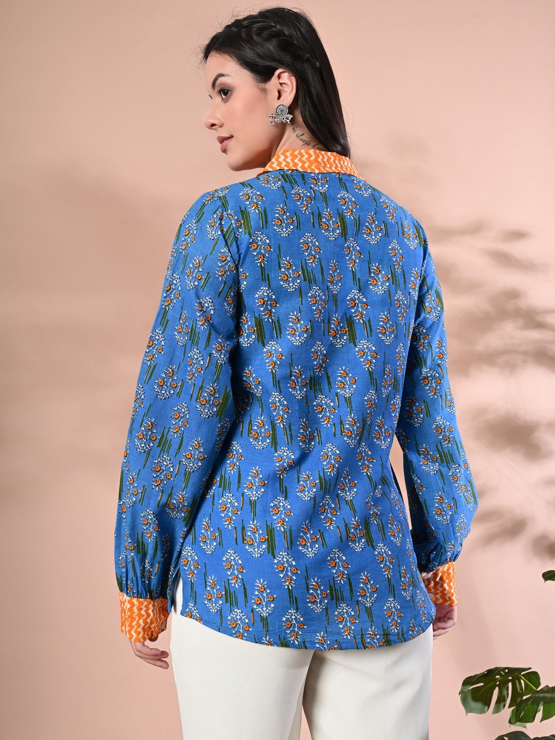 Women's Sky Blue Tunic with Motif Print & Balloon Sleeves