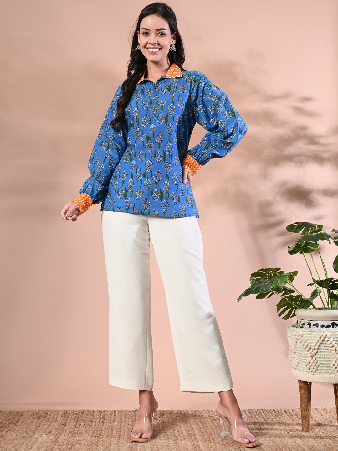 Women's Sky Blue Tunic with Motif Print & Balloon Sleeves