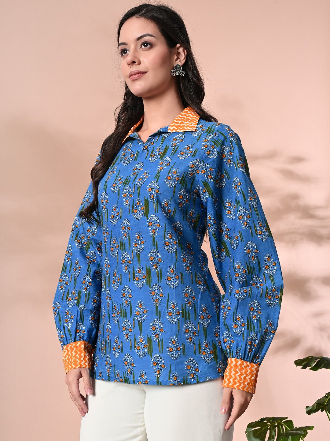 Women's Sky Blue Tunic with Motif Print & Balloon Sleeves