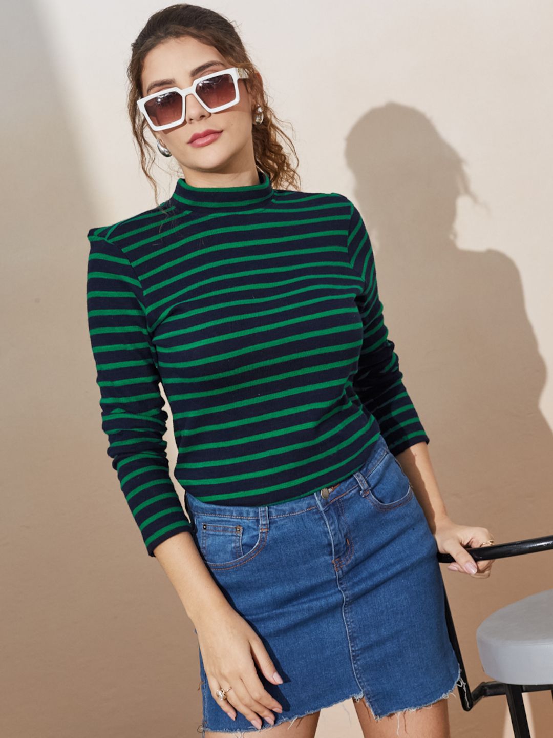 Women's Striped Long Sleeve High Neck Top