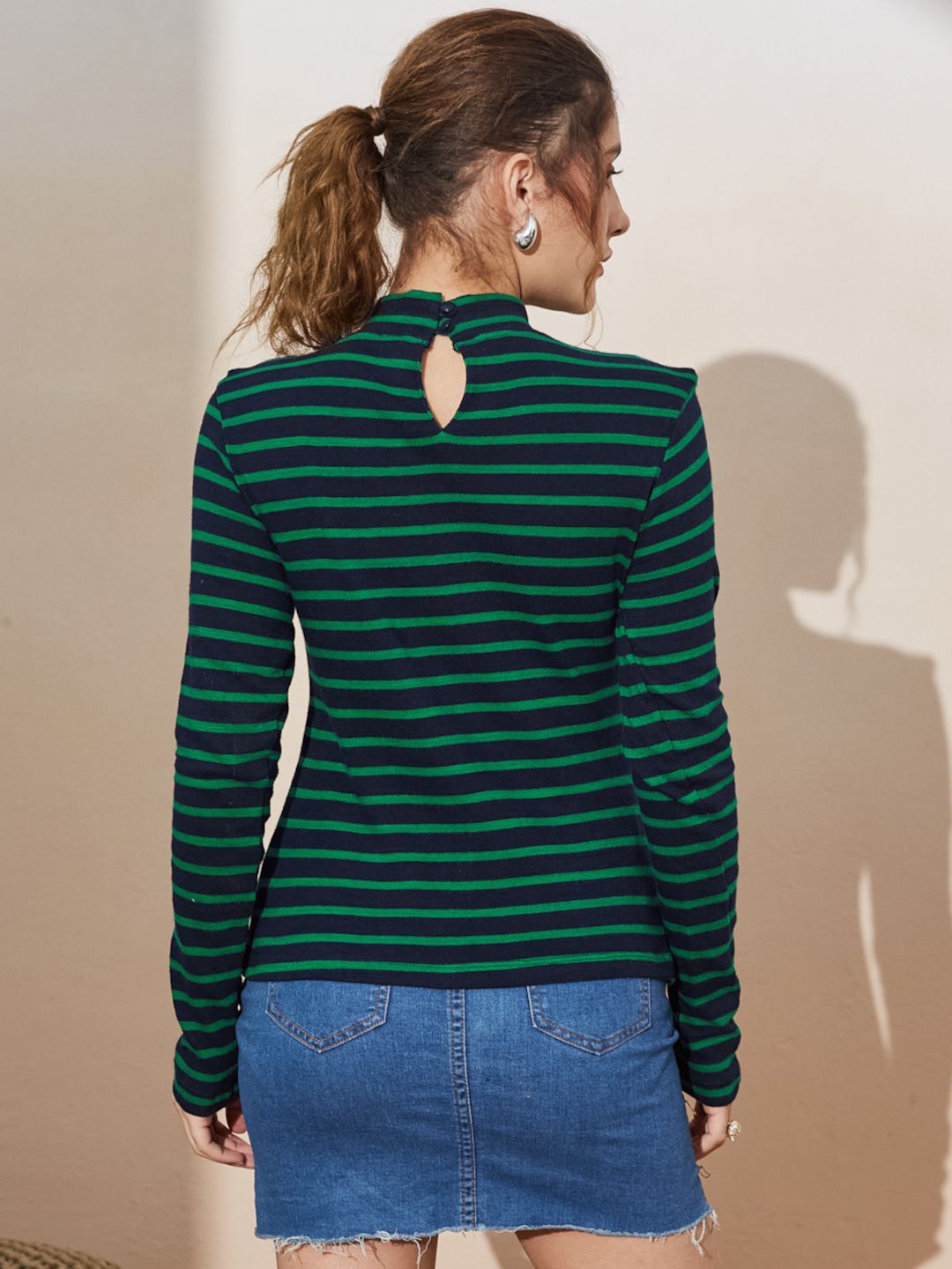 Women's Striped Long Sleeve High Neck Top