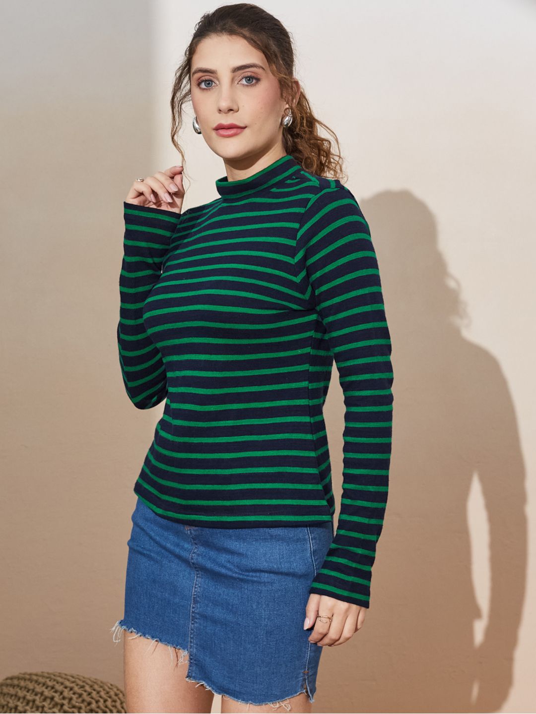 Women's Striped Long Sleeve High Neck Top