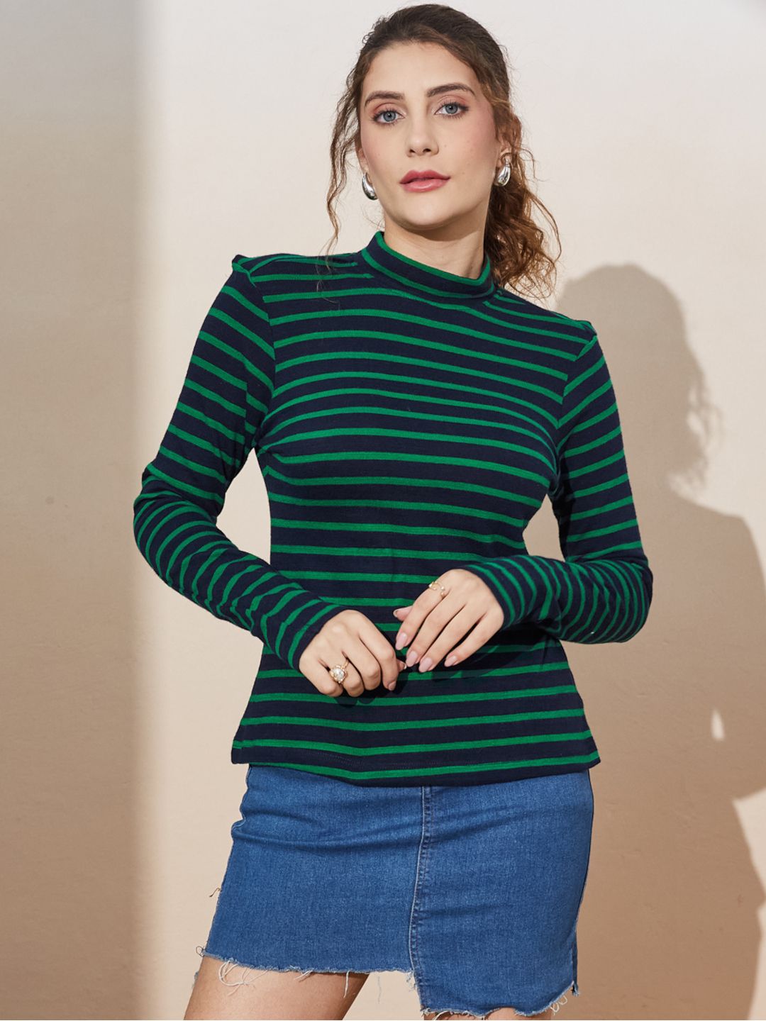 Women's Striped Long Sleeve High Neck Top