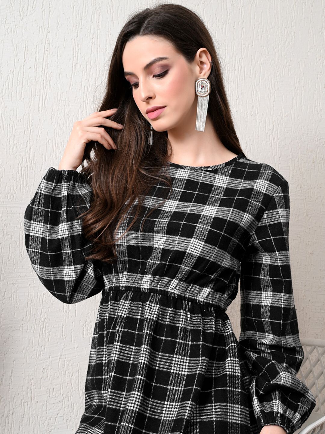 Pre-Winter Checked Balloon Sleeve Dress for Women