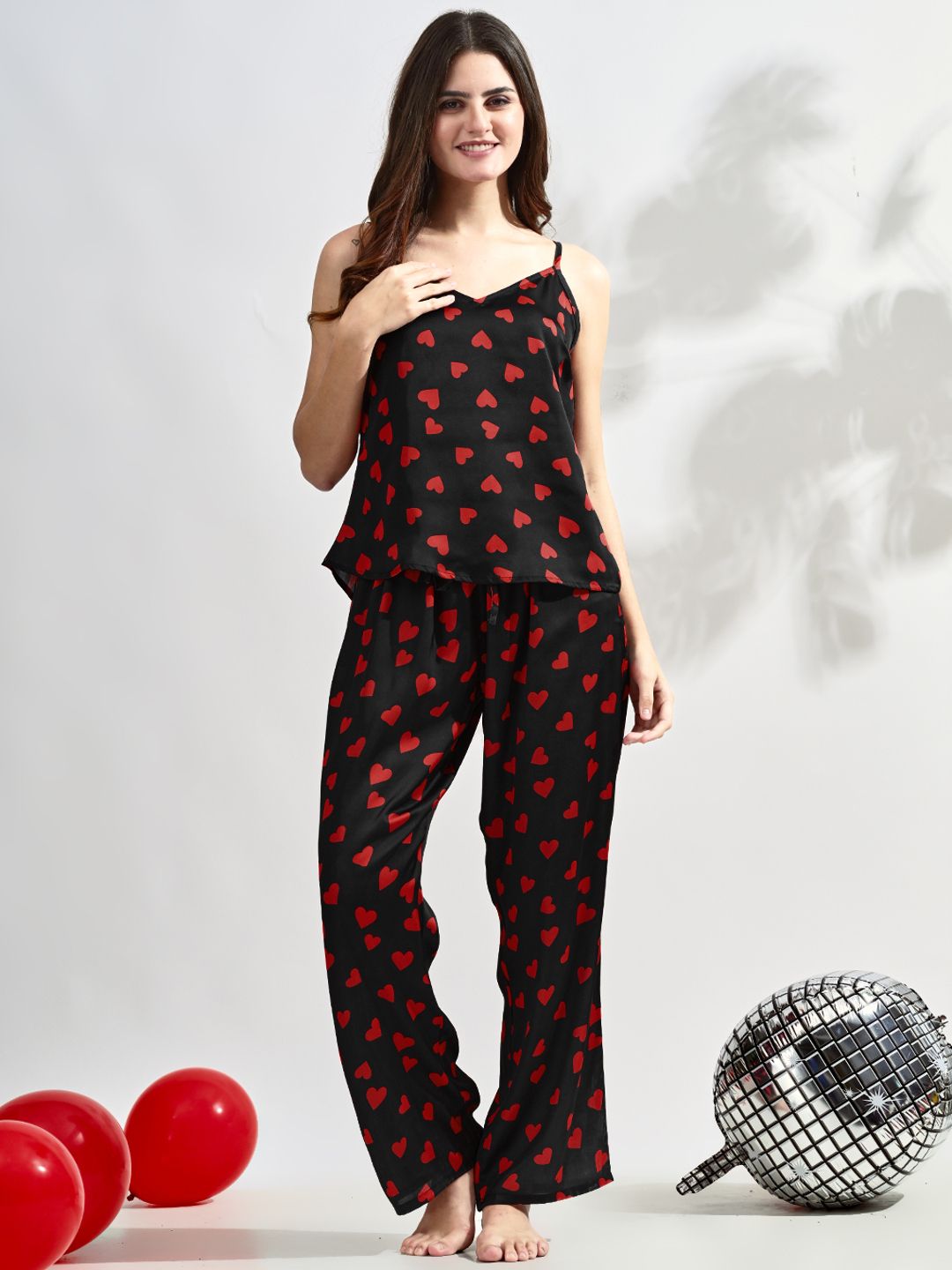 Women's Black Satin Pajama Set with Heart Print