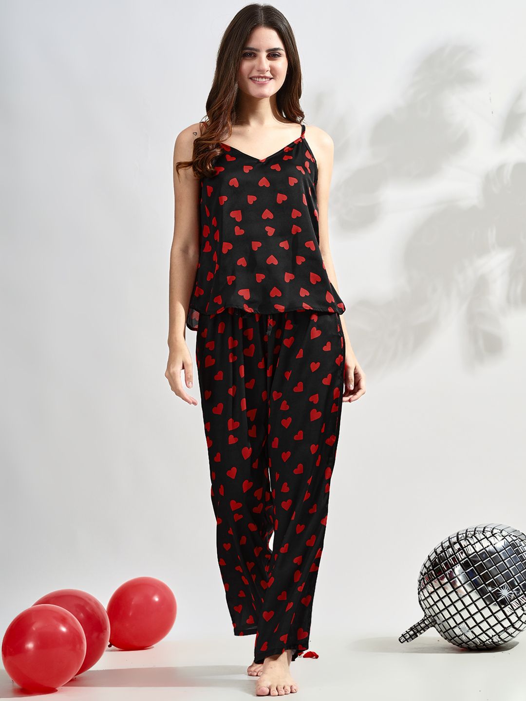 Women's Black Satin Pajama Set with Heart Print