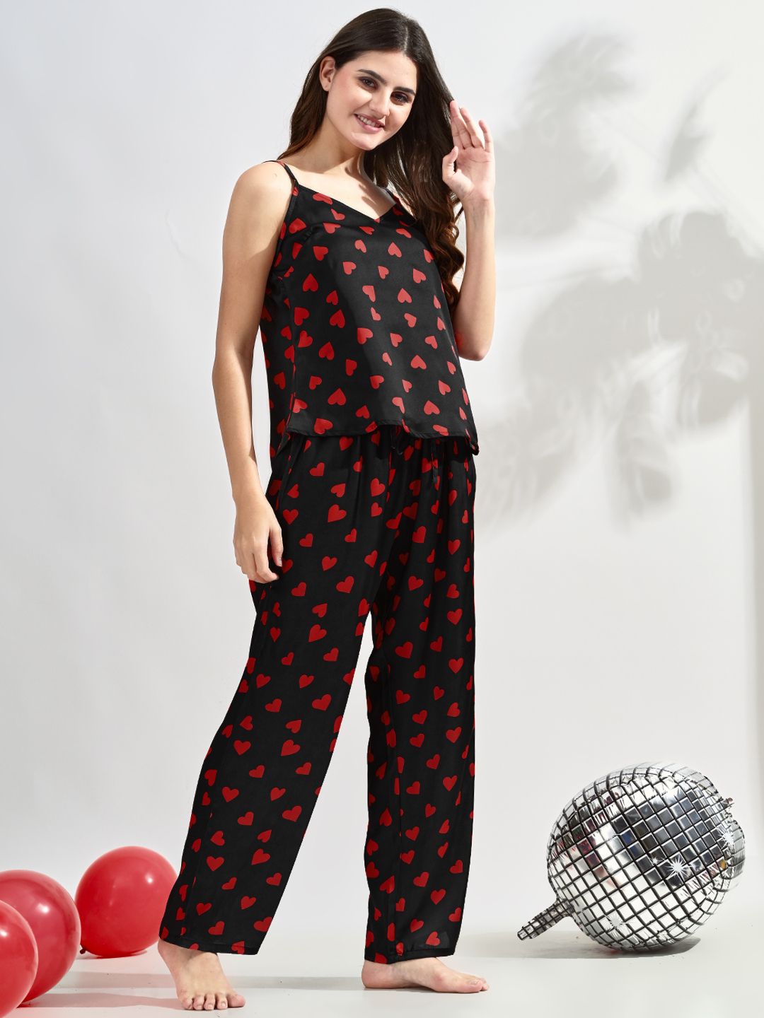 Women's Black Satin Pajama Set with Heart Print
