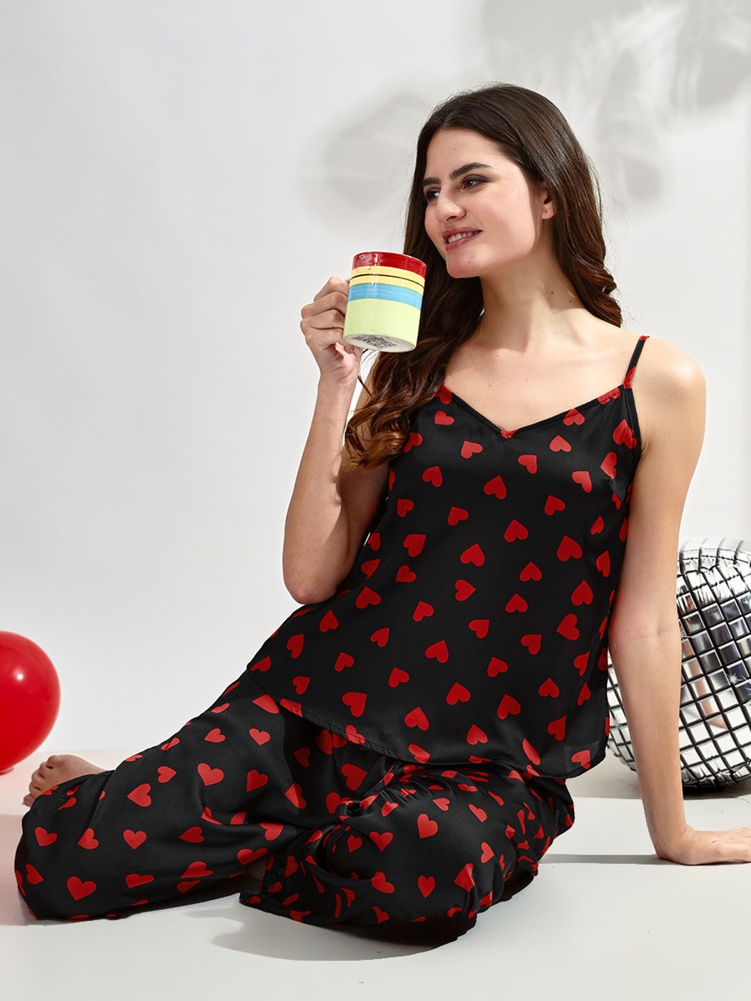 Women's Black Satin Pajama Set with Heart Print