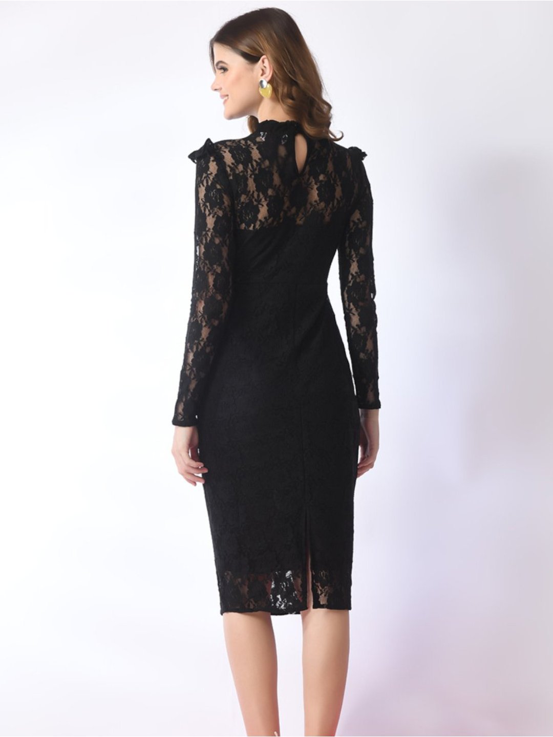 Chic Black Bodycon Dress with Hi-Neck and Ruffles