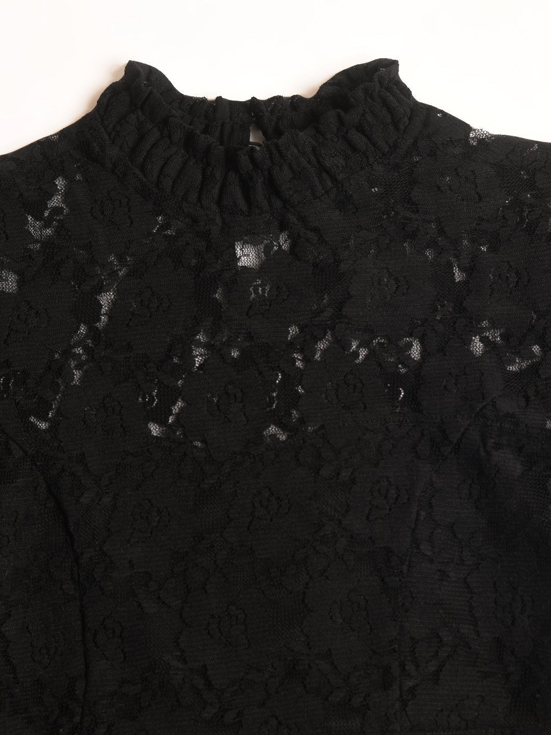 Chic Black Bodycon Dress with Hi-Neck and Ruffles
