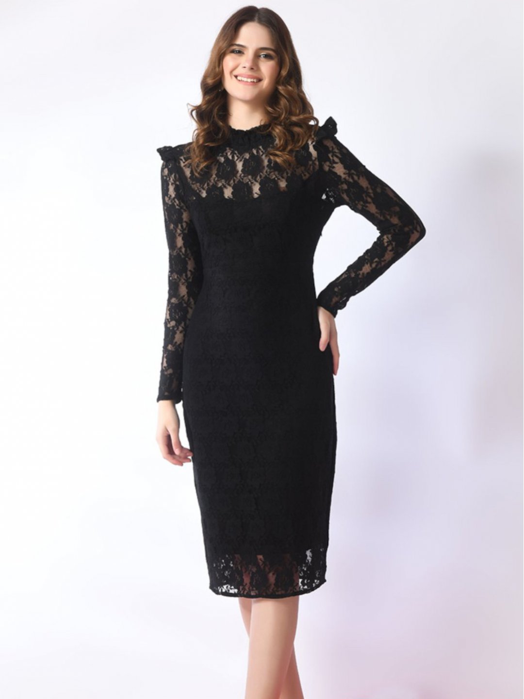 Chic Black Bodycon Dress with Hi-Neck and Ruffles
