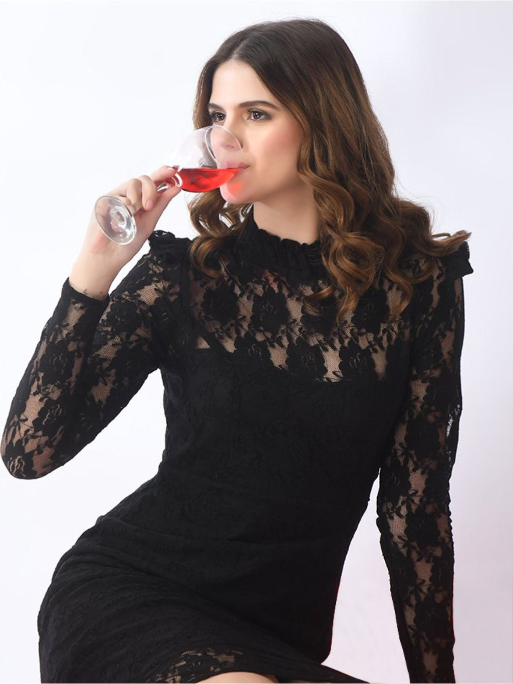 Chic Black Bodycon Dress with Hi-Neck and Ruffles