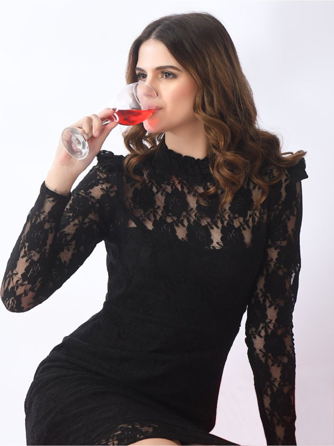 Chic Black Bodycon Dress with Hi-Neck and Ruffles