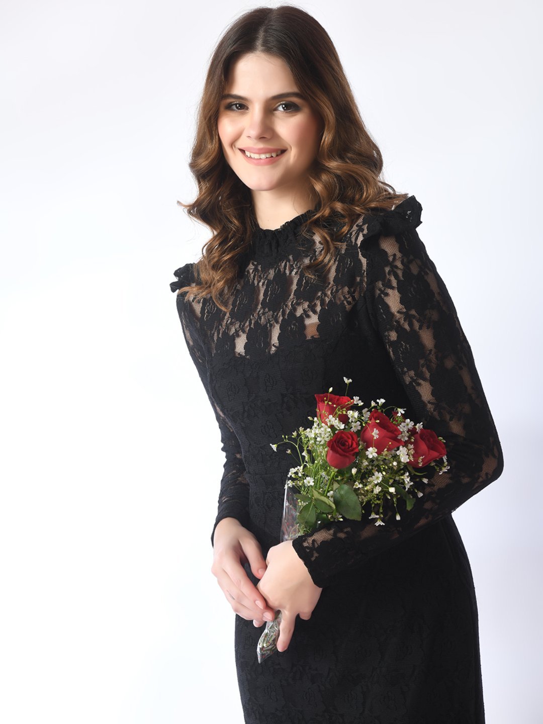Chic Black Bodycon Dress with Hi-Neck and Ruffles