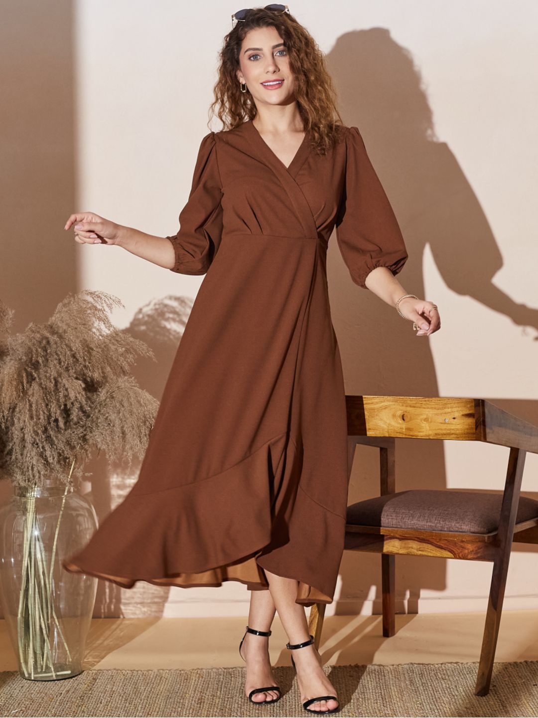 Classic Brown Layered Frill Midi Dress with Hi-Low Hemline