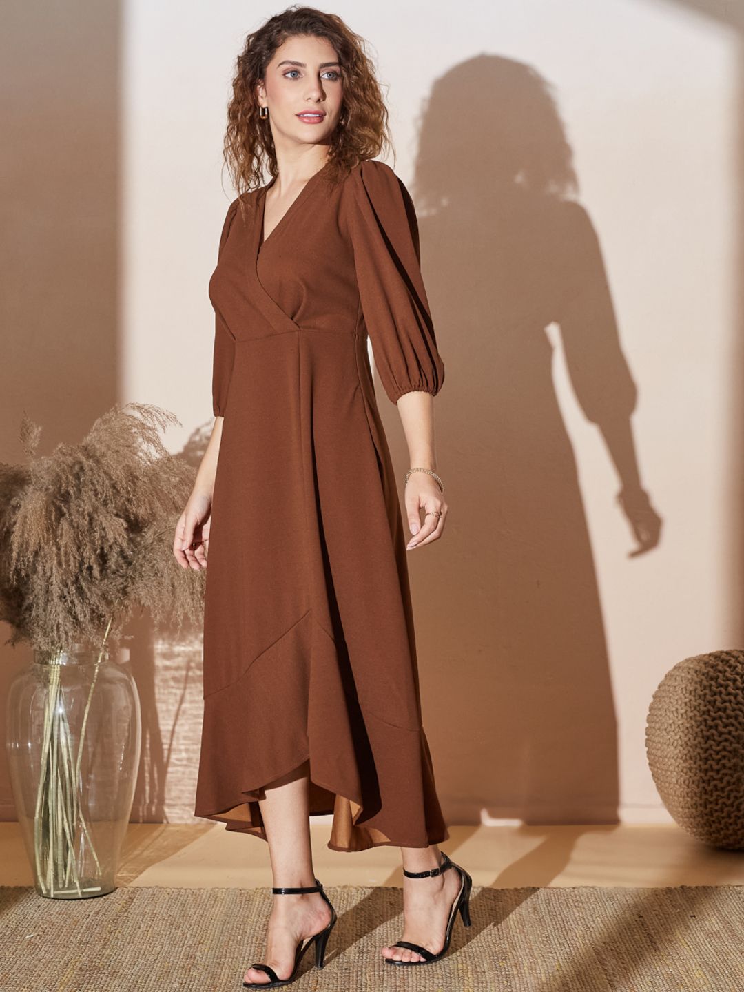 Classic Brown Layered Frill Midi Dress with Hi-Low Hemline