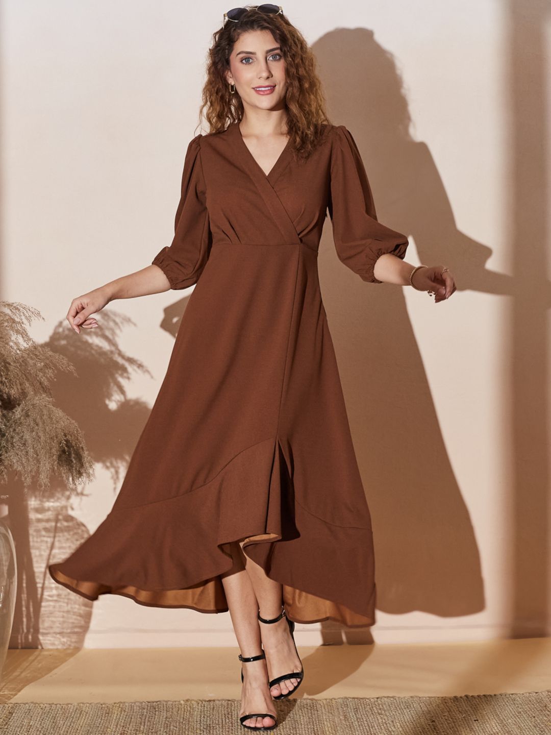 Classic Brown Layered Frill Midi Dress with Hi-Low Hemline