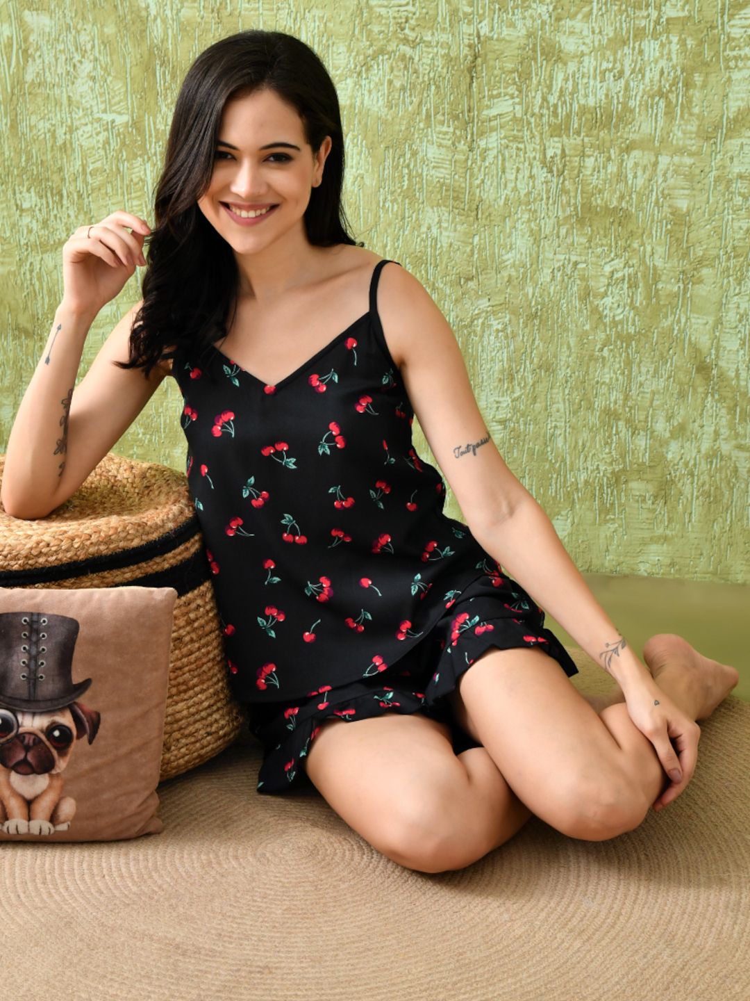 Women's Cherry Print Nightwear Shorts Set