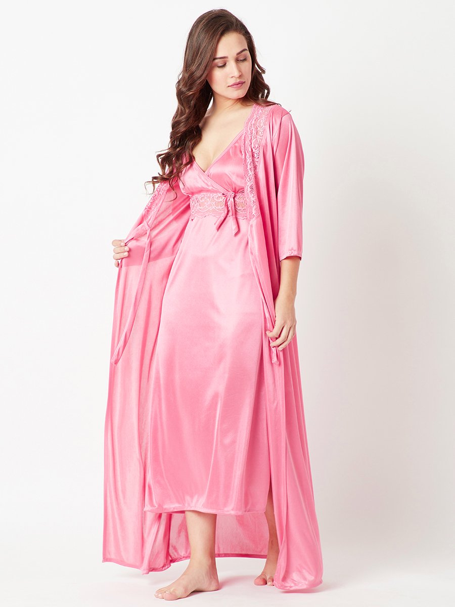 Comfortable Pink Nightdress Set with Robe