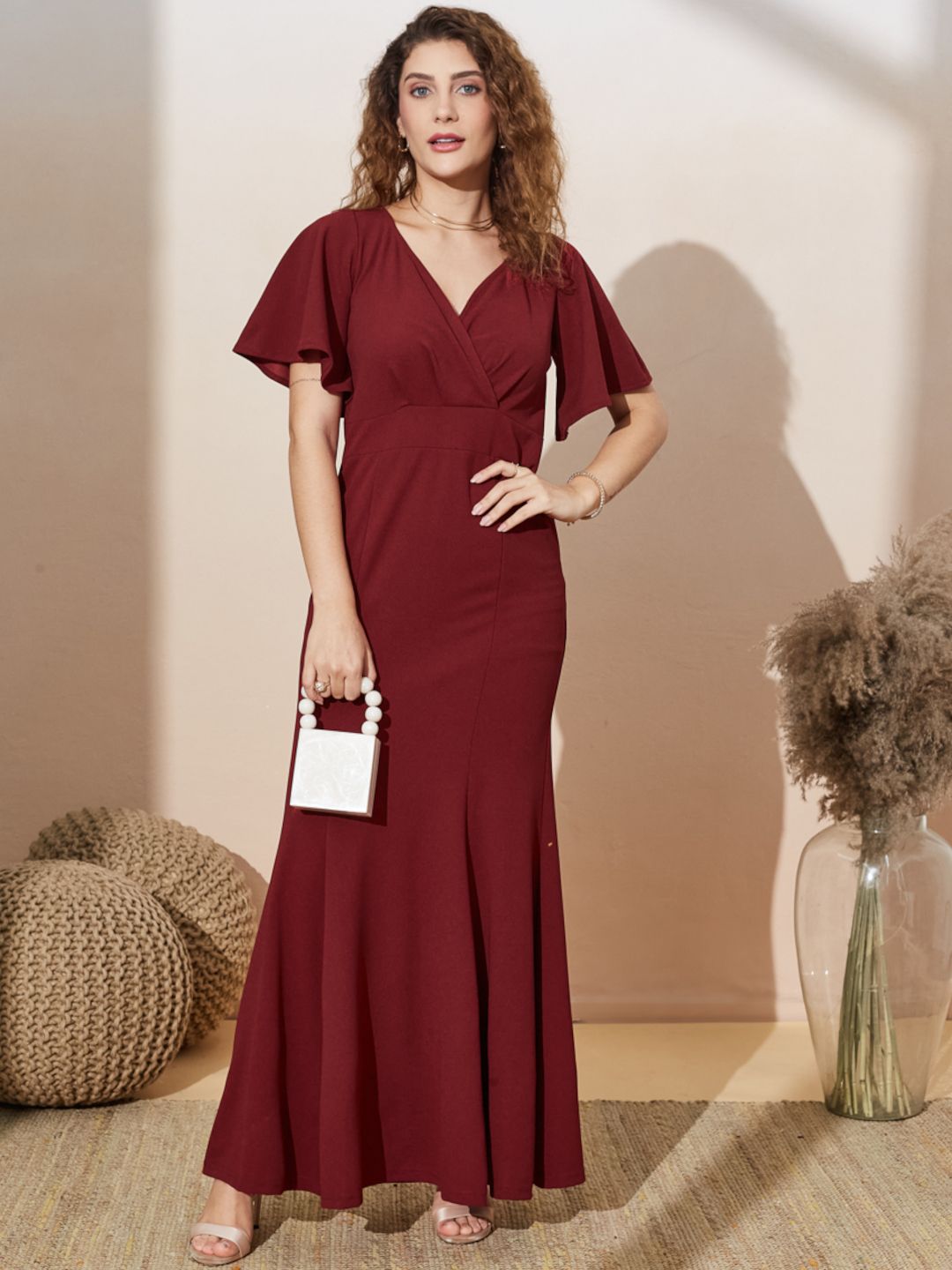 Elegant Flared Sleeve Wrap Maxi Gown