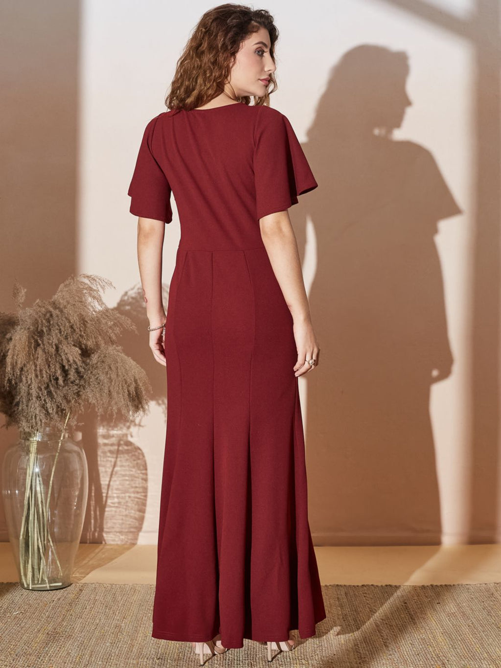 Elegant Flared Sleeve Wrap Maxi Gown