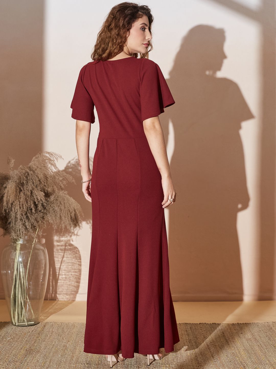Elegant Flared Sleeve Wrap Maxi Gown