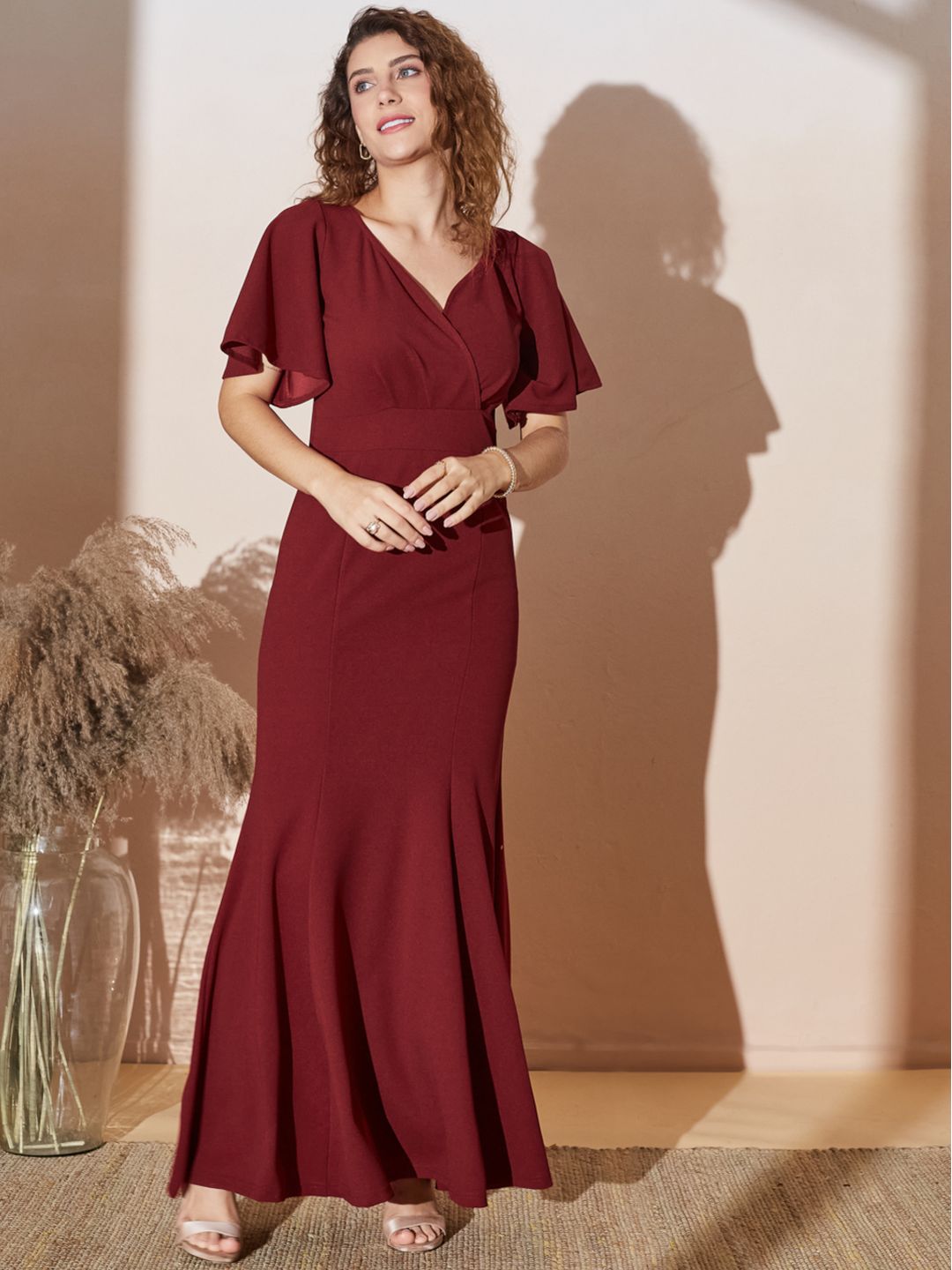 Elegant Flared Sleeve Wrap Maxi Gown