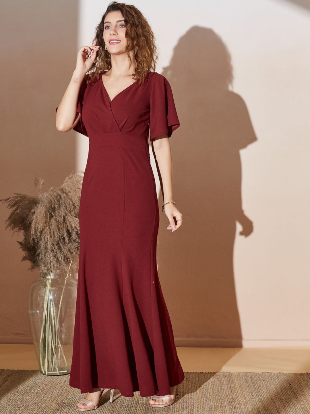 Elegant Flared Sleeve Wrap Maxi Gown