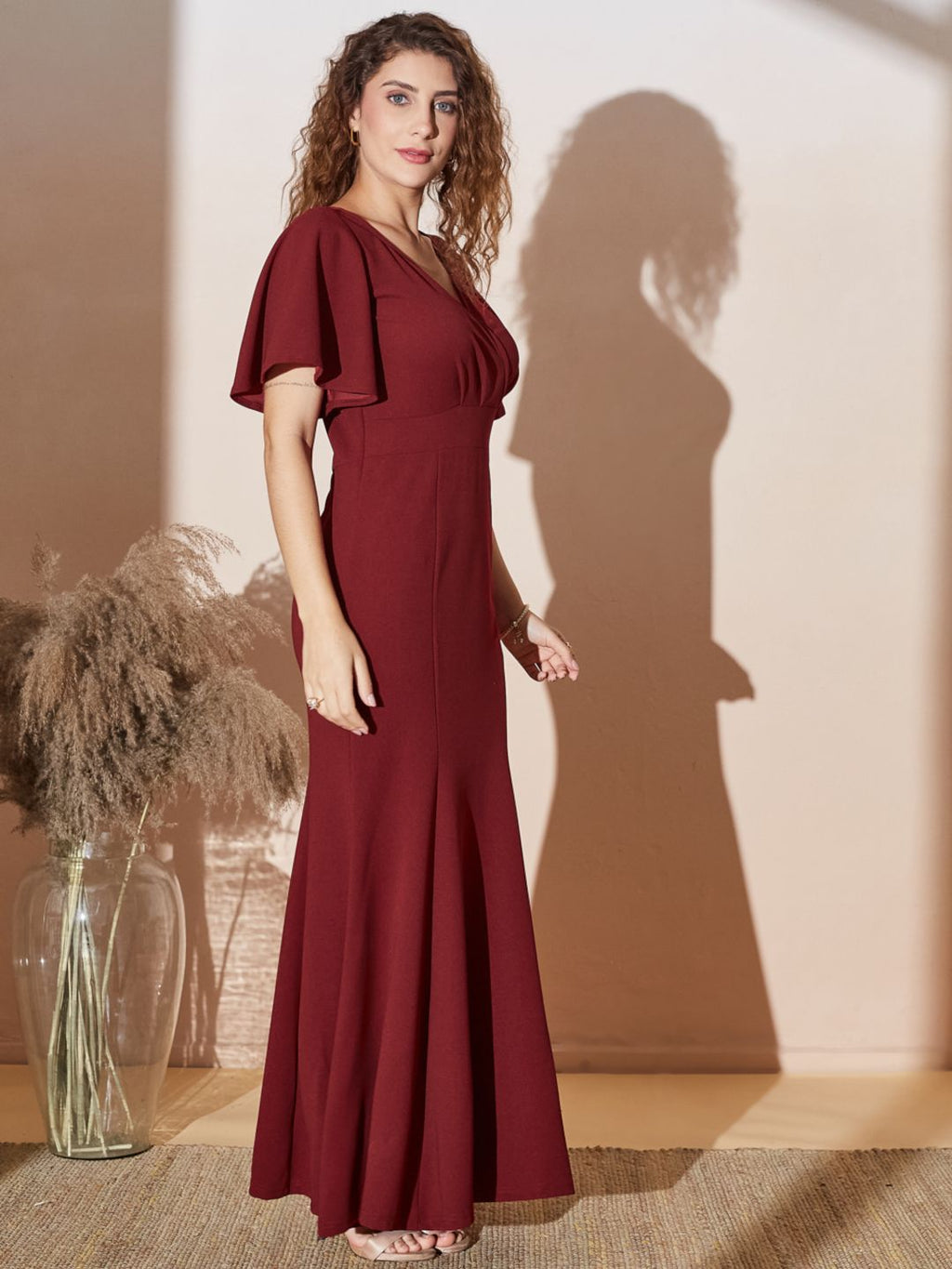 Elegant Flared Sleeve Wrap Maxi Gown