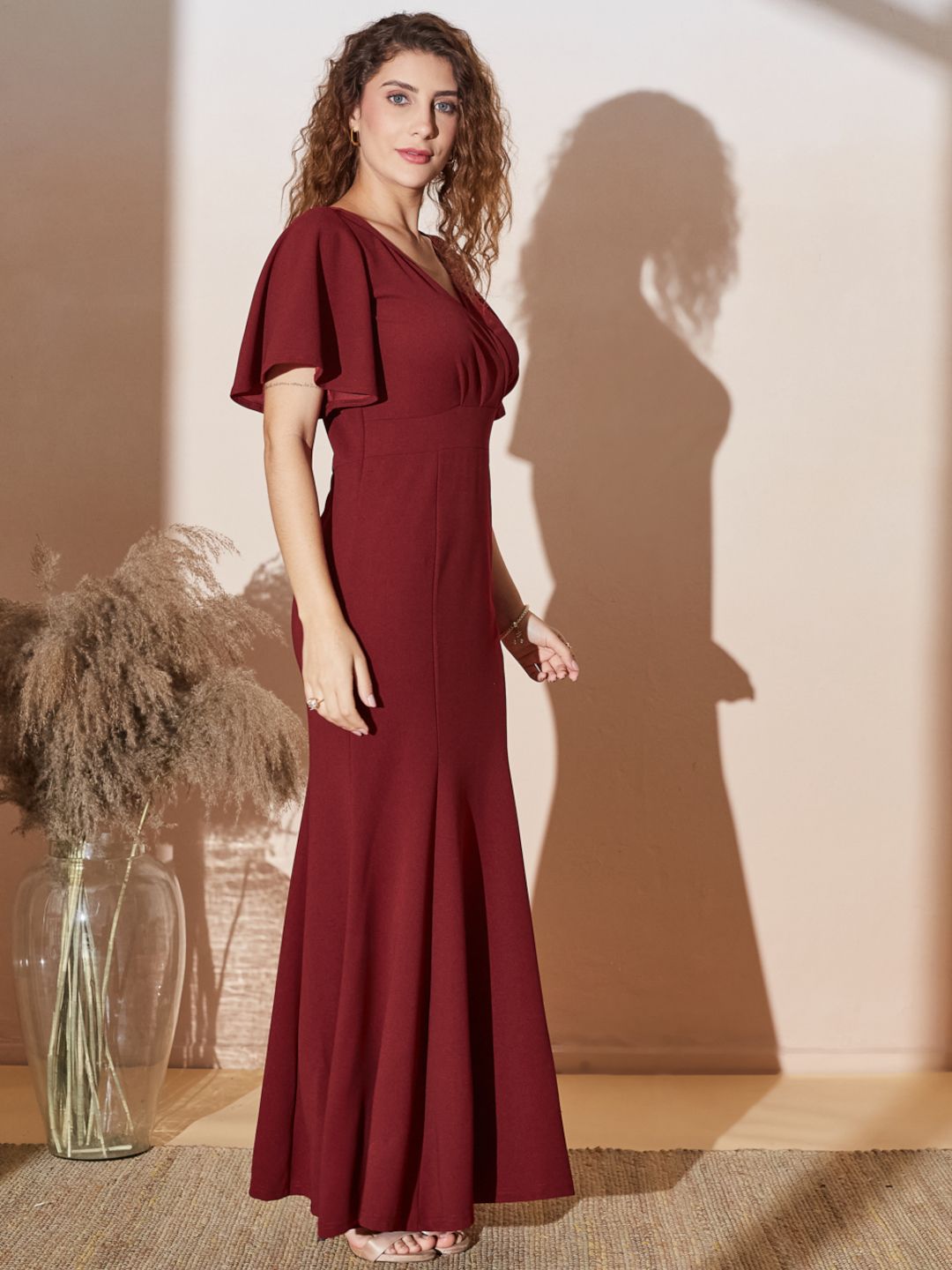 Elegant Flared Sleeve Wrap Maxi Gown