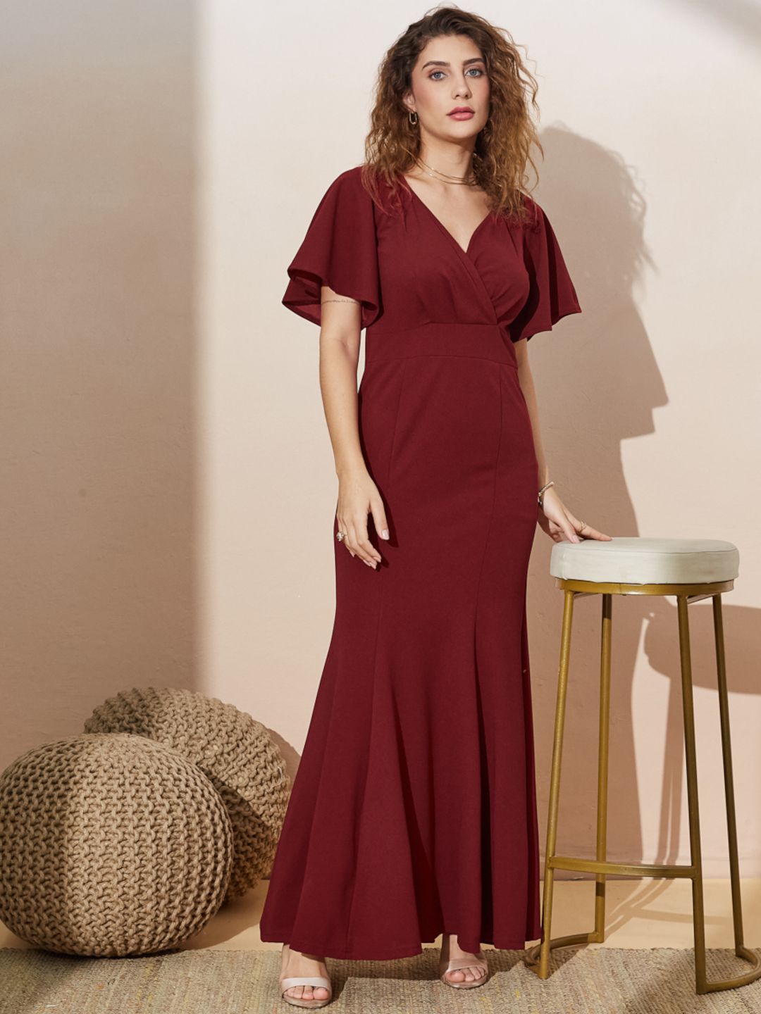 Elegant Flared Sleeve Wrap Maxi Gown